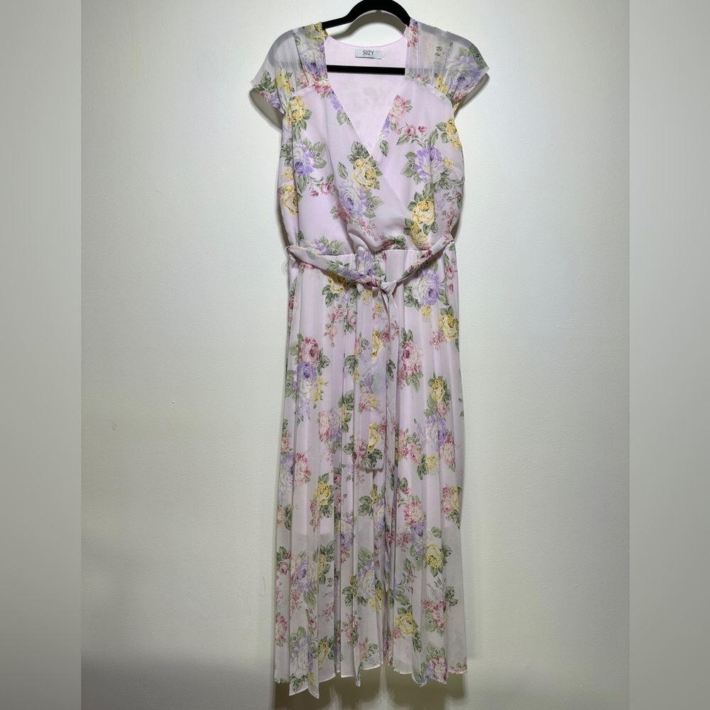 Suzy Shier Floral Maxi Dress Chiffon Pleated Pink Wedding Guest Size L Feminine